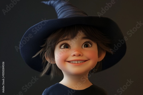 kid smiling and wearing witch hat in 3d by generative ai