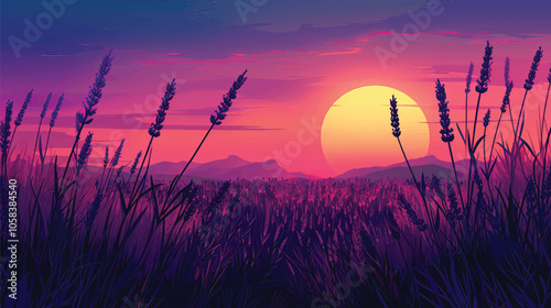 A field of lavender at sunset. silhouette illustration