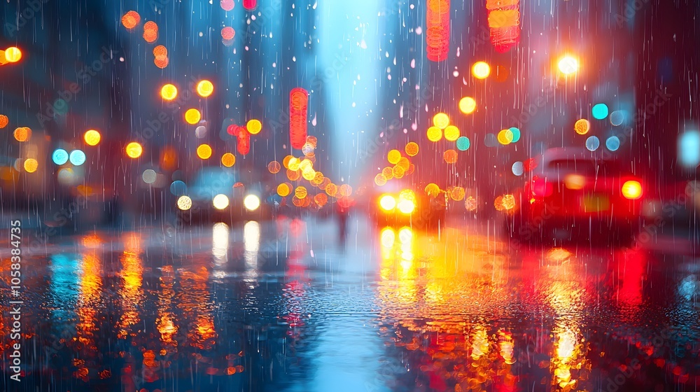 Rainy City Night with Blurred Lights. Illustration background for presentation 