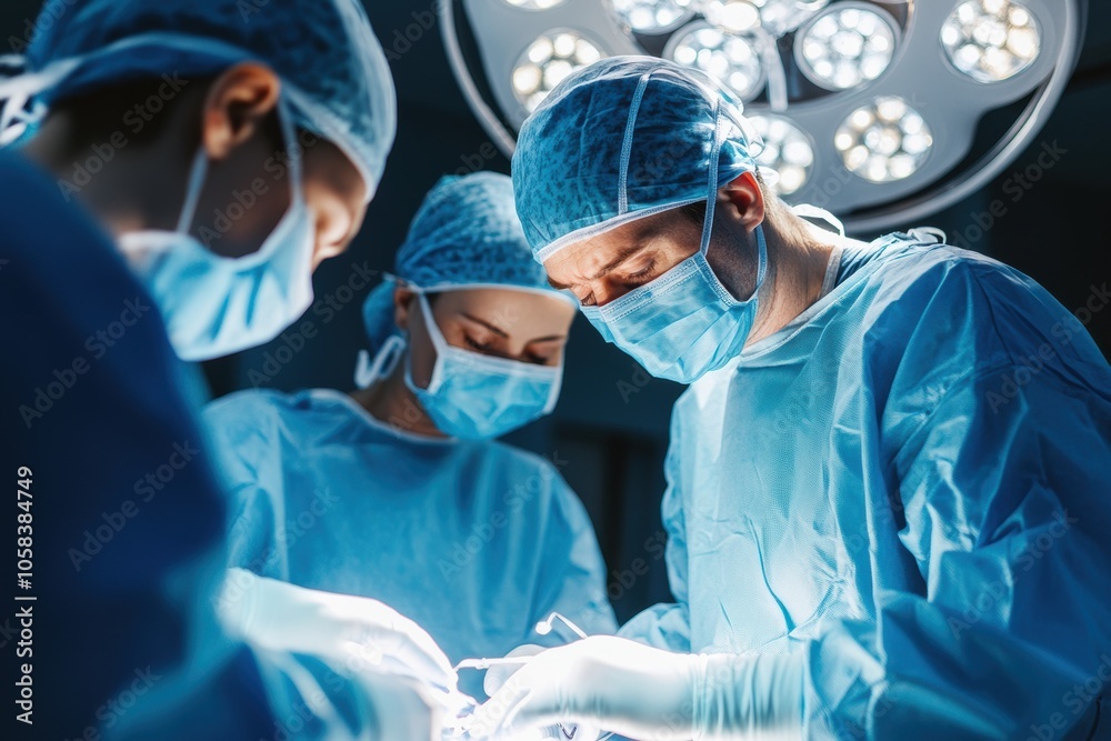 A pair of surgeons, dressed in blue scrubs and masks, are deeply focused as they perform A pair of surgeons, dressed in blue scrubs and masks, are deeply focused as they perform