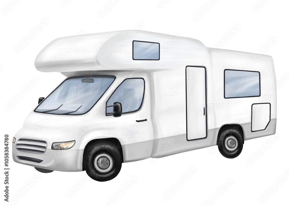 A white motorhome for car travelers. A car for tourist trips, adventures, family vacations and company parties. Comfortable outdoor recreation and camping. Digital isolated illustration A white motorhome for car travelers. A car for tourist trips, adventures, family vacations and company parties. Comfortable outdoor recreation and camping. Digital isolated illustration