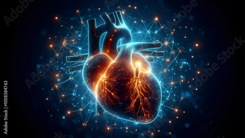 A highly realistic close-up of a glowing human heart in abstract.