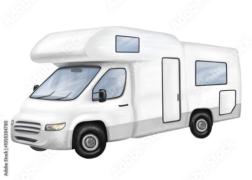 A white motorhome for car travelers. A car for tourist trips, adventures, family vacations and company parties. Comfortable outdoor recreation and camping. Digital isolated illustration