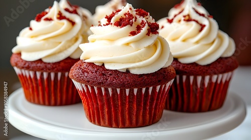 Decadent red velvet cupcakes with a rich creamy cream cheese frosting beautifully arranged on a white cake stand creating an elegant and tempting dessert display