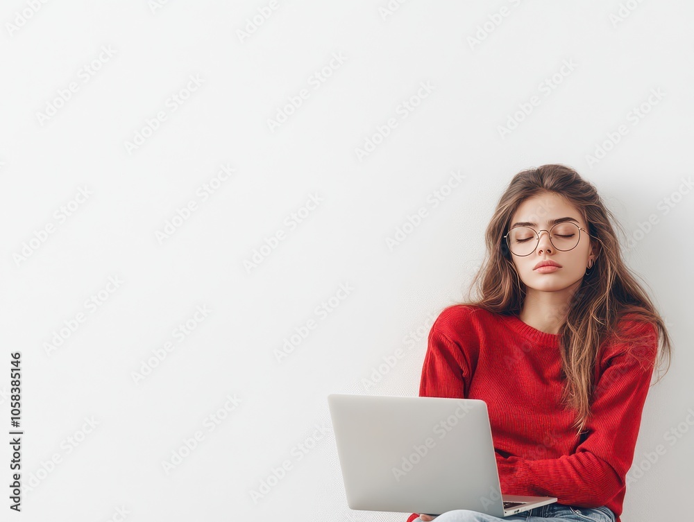 Woman in business attire, visibly tired, head in hands, white background, corporate burnout theme