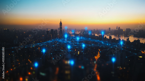 Smart digital Innovation city with connection network reciprocity over the cityscape. of future smart wireless digital city and social media networking systems that connects people with in city 