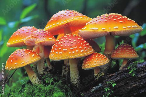 A group of wild mushrooms growing at the base of a fallen tree photo