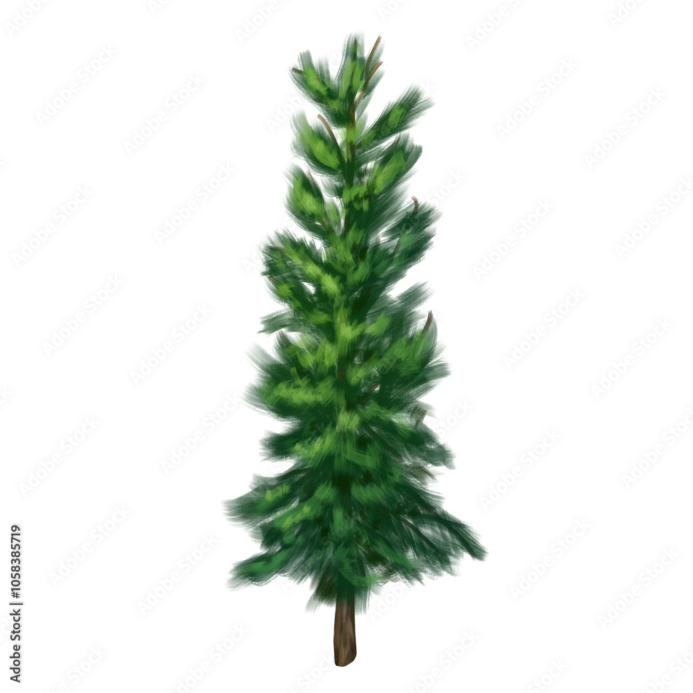 An evergreen coniferous tree. Drawing of a green Christmas tree from the forest, hiking trails, travel. Natural decoration of campgrounds, parks, and garden plots. Isolated by illustration