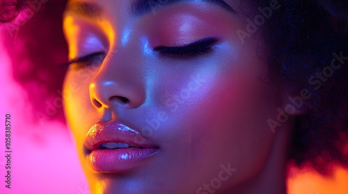 Close-up portrait of a woman with afro hair and colorful lighting. Illustration background for presentation 