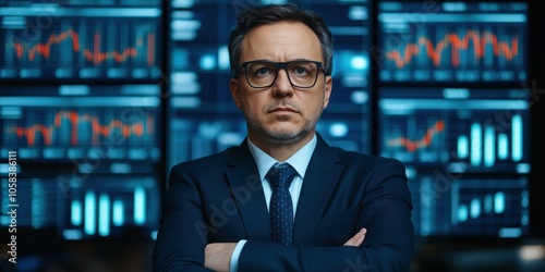 A serious businessman stands confidently in front of multiple financial data screens, showcasing market trends and analytics.