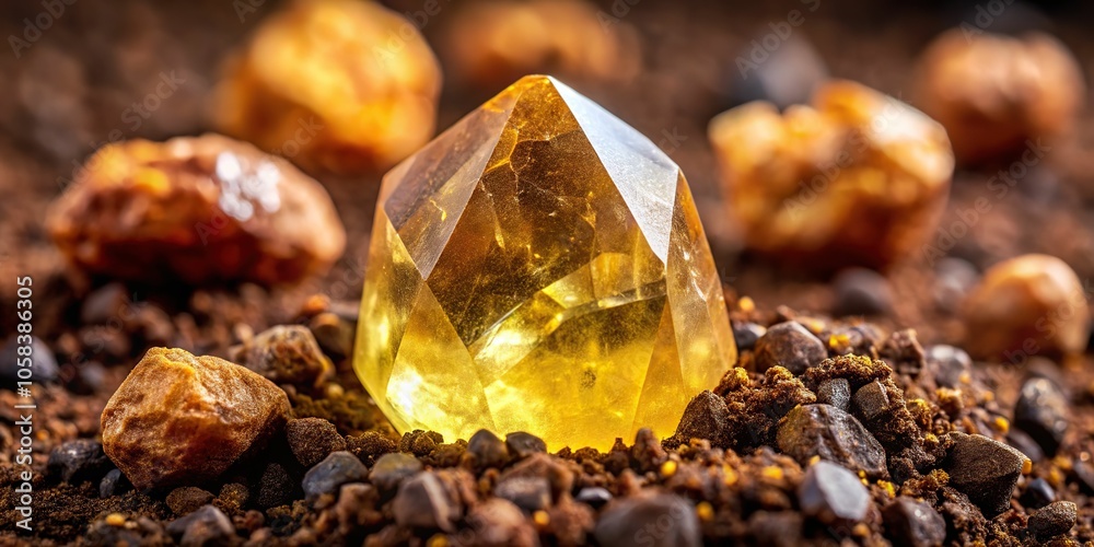 6. A beautiful, uncut Aureolin crystal nestled in a bed of dark brown soil, surrounded by small rocks and pebbles, a realistic photo image. 6. A beautiful, uncut Aureolin crystal nestled in a bed of dark brown soil, surrounded by small rocks and pebbles, a realistic photo image.
