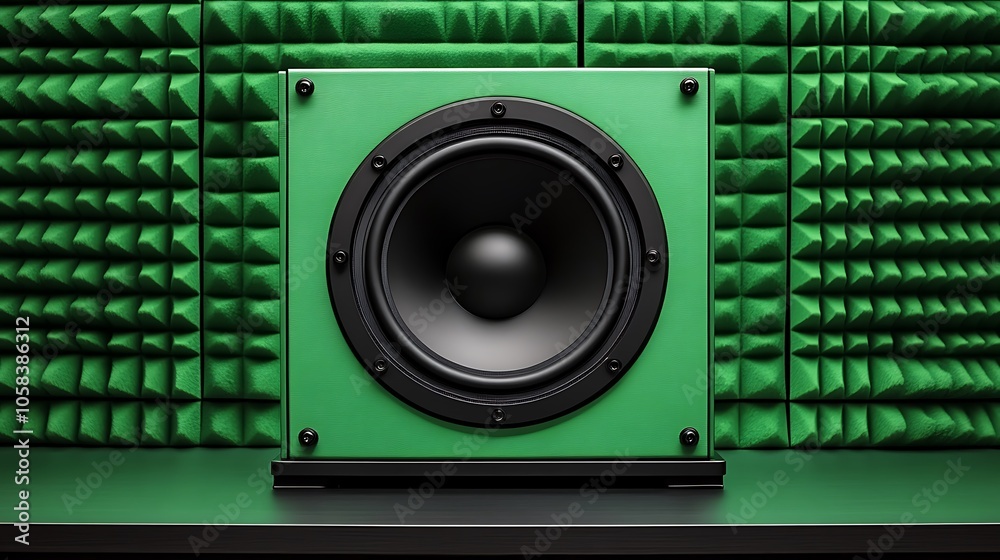 Fototapeta premium Green Speaker in a Soundproof Room with Acoustic Panels Subtle Blur Background with Space for Custom Text