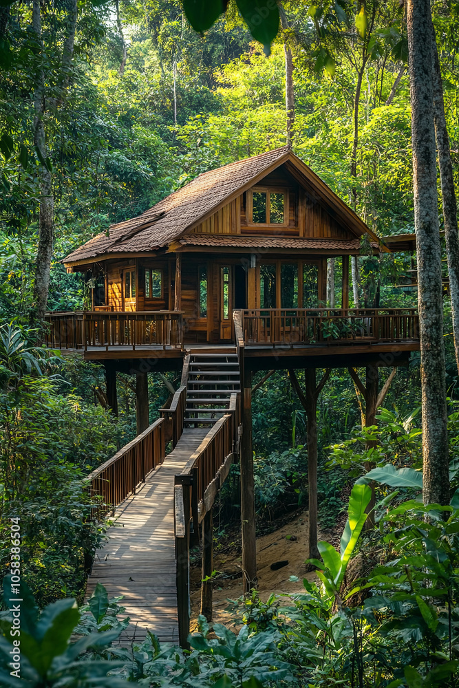 A wooden stilt house in the tropical forests of Thailand, surrounded by lush greenery A wooden stilt house in the tropical forests of Thailand, surrounded by lush greenery