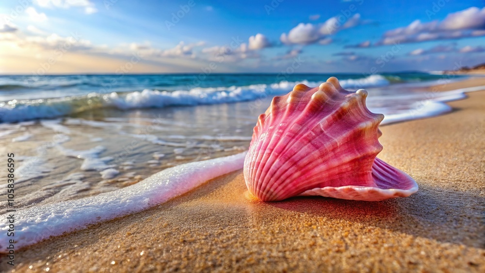 7. A delicate raspberry pink seashell lying on the sandy beach, weathered by the ocean's gentle waves, a realistic photo image. 7. A delicate raspberry pink seashell lying on the sandy beach, weathered by the ocean's gentle waves, a realistic photo image.
