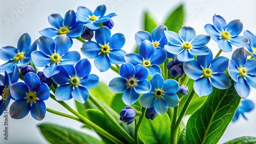 â€¢ Bright, vibrant Blue (NCS) flowers bloom against a crisp white background, nestled among delicate green leaves, a realistic photo image.