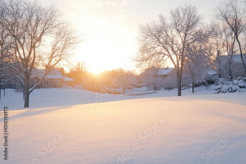 Peaceful winter sunrise over snow-covered suburban neighborhood