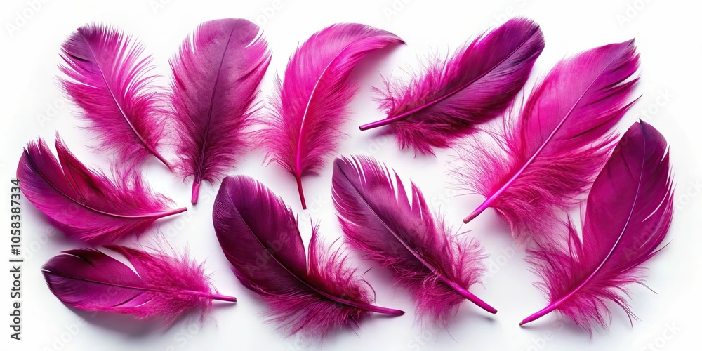 5. A set of artistic, magenta-dyed feathers arranged in a creative pattern on a simple white background, with subtle shadows, a realistic photo image. 5. A set of artistic, magenta-dyed feathers arranged in a creative pattern on a simple white background, with subtle shadows, a realistic photo image.