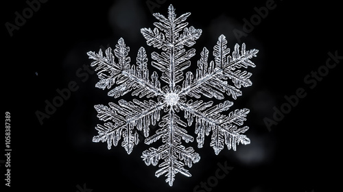 Mesmerizing macro of snowflakes complex crystal structure suspended against inky black background high contrast subtle patterns