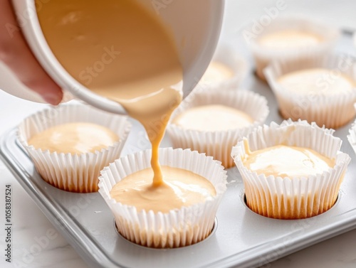 Pouring creamy batter into muffin liners in a baking tray