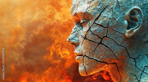 A cracked figure against a fiery background symbolizing emotional turmoil.