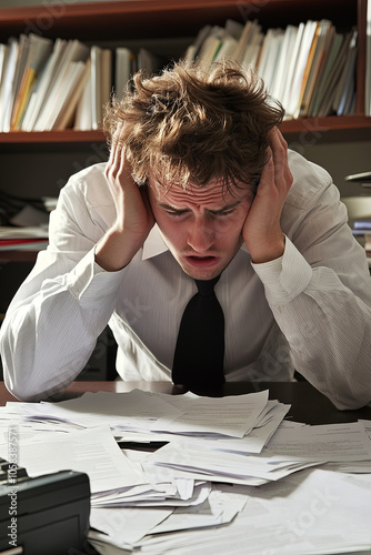 A business professional looking stressed while preparing for a presentation, with papers scattered photo