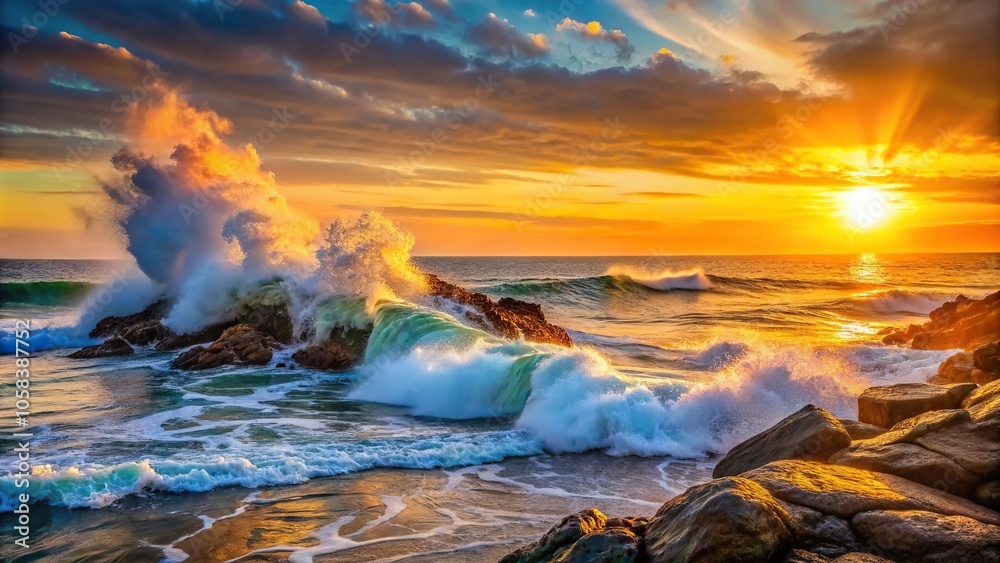 A serene ocean wave crashes against a rocky shoreline at sunset, coastal scenery, peaceful atmosphere