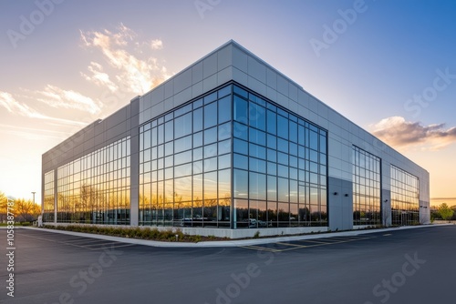 Wallpaper Mural A wide shot of a modern, sleek industrial building with a reflective glass facade. The sky is clear Torontodigital.ca