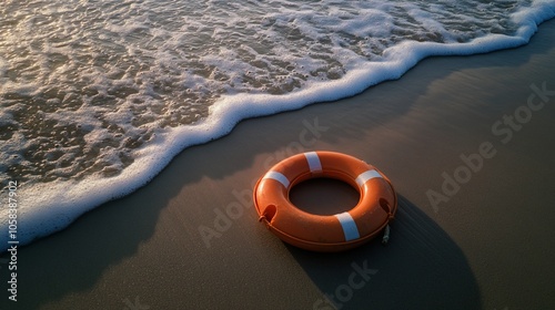 A bright orange life preserver lays on a sandy beach with foamy waves lapping at the shore. photo