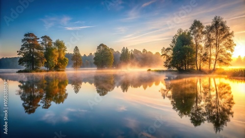 A serene lake at sunrise with mist rising from the water and trees reflected in the calm surface, landscape, peacefulness, reflection, mist, water