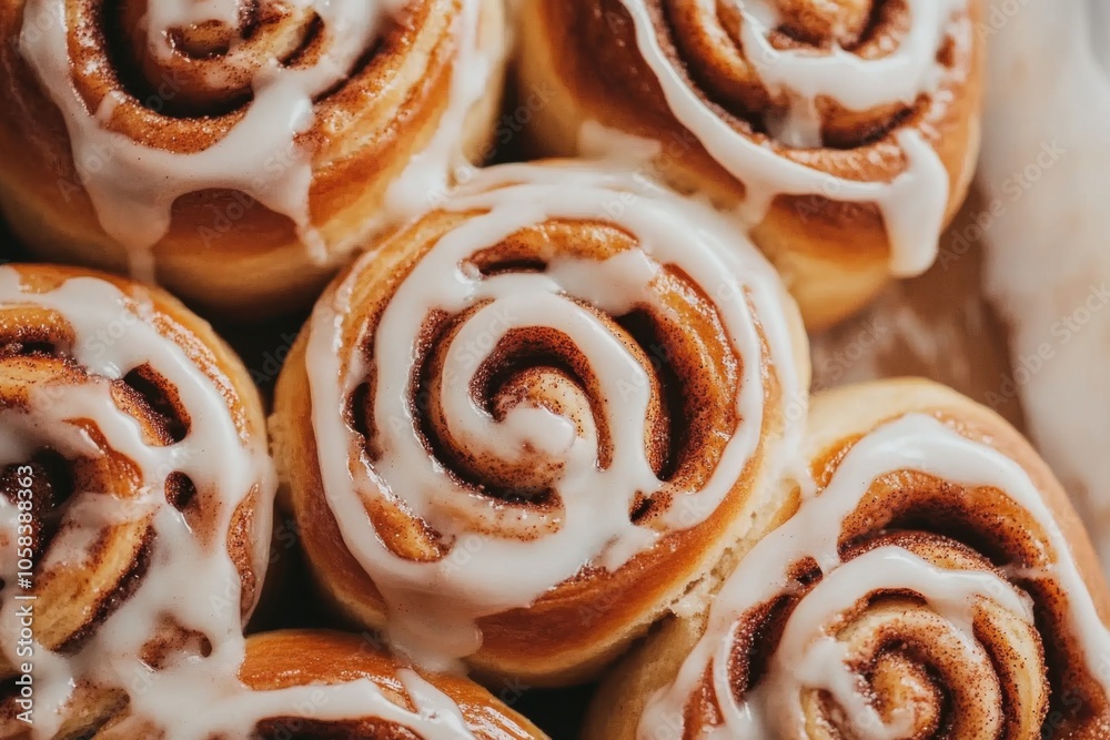 Delicious cinnamon rolls with icing - sweet and fresh pastry close-up