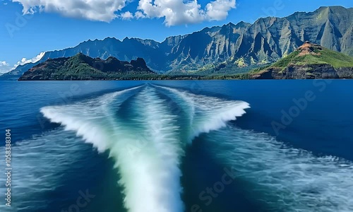 View of the napali coast from on board an oceanic boat in hawaii, blue sky, ocean waves and mountains, shot with canon eos r5


