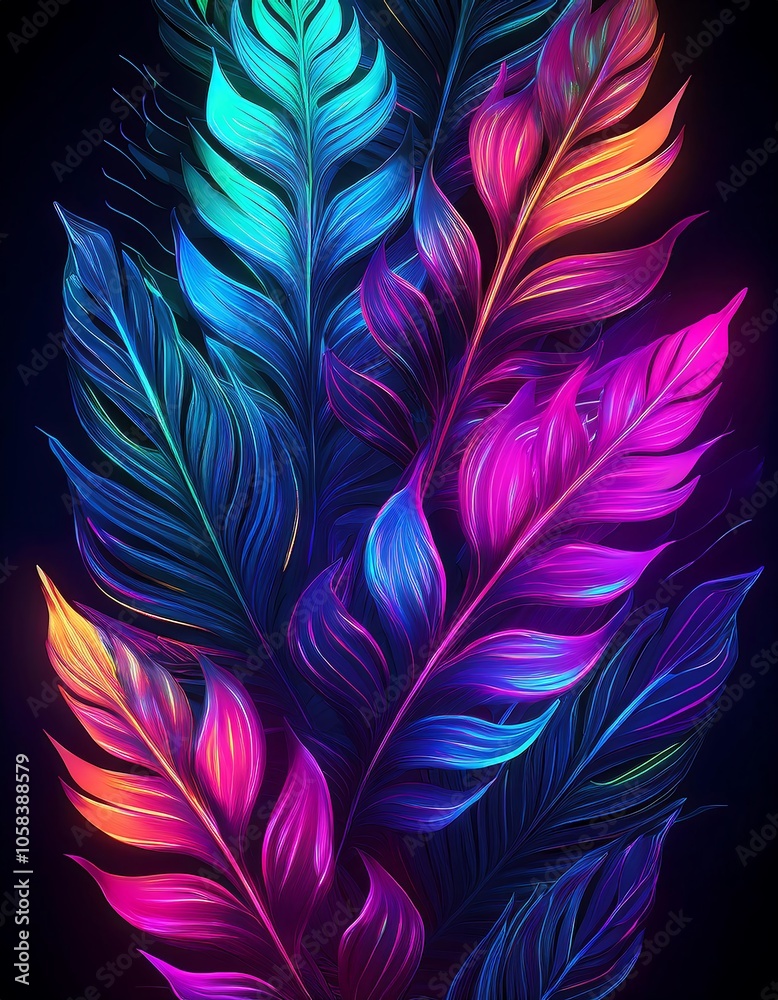 Fototapeta premium Vibrant neon tropical leaves arranged creatively on a flat surface showcasing artistic design and color interplay. Generative AI