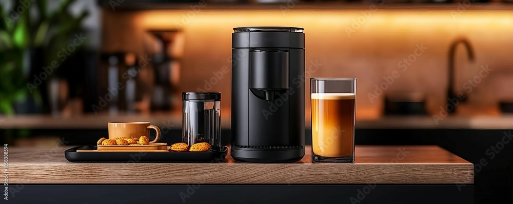 Modern coffee maker with a glass of coffee and biscuits on a wooden kitchen counter. Cozy atmosphere with warm lighting in the background. Modern coffee maker with a glass of coffee and biscuits on a wooden kitchen counter. Cozy atmosphere with warm lighting in the background.