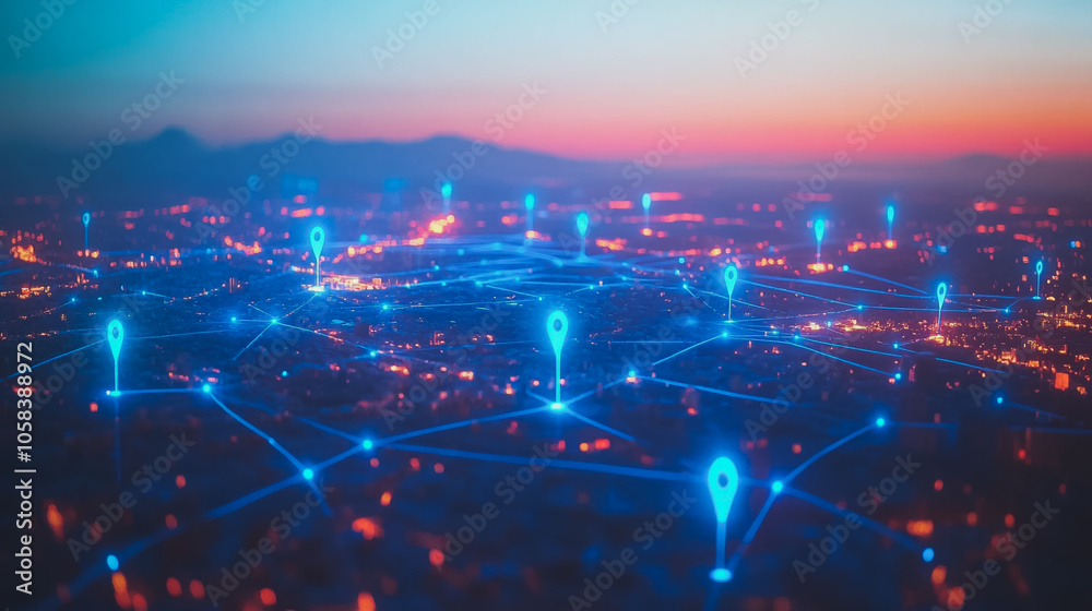 Fototapeta premium Smart digital Innovation city with connection network reciprocity over the cityscape. of future smart wireless digital city and social media networking systems that connects people with in city 