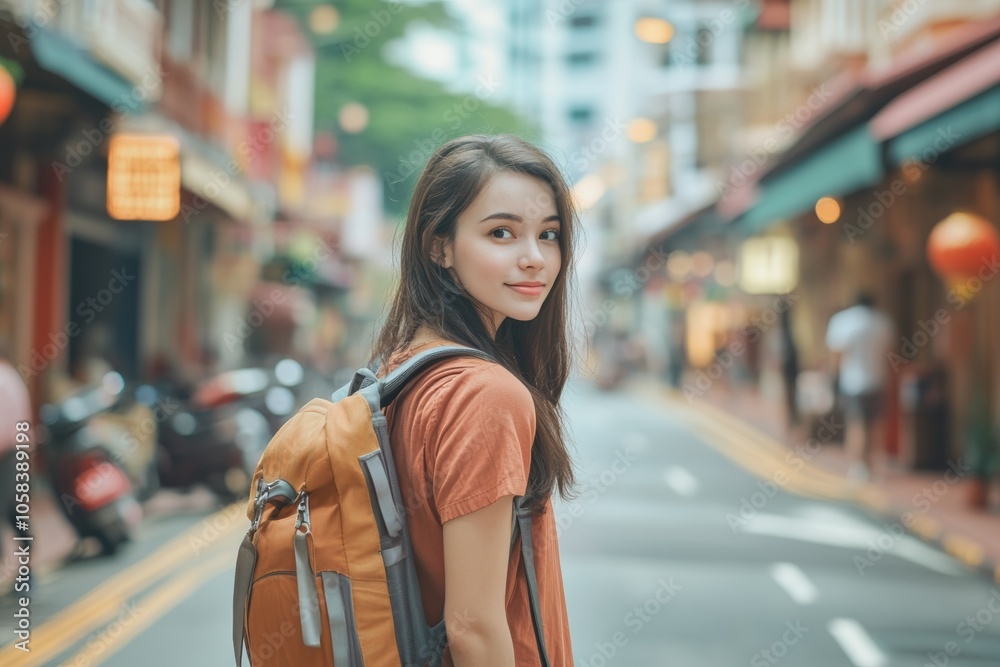 A young woman tourist with a backpack walking on a street in Singapore, depth of field A young woman tourist with a backpack walking on a street in Singapore, depth of field