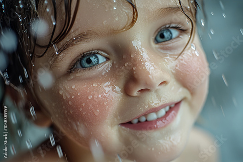 Portrait of a child playing in the rain, with droplets on their face and joy in their eyes photo