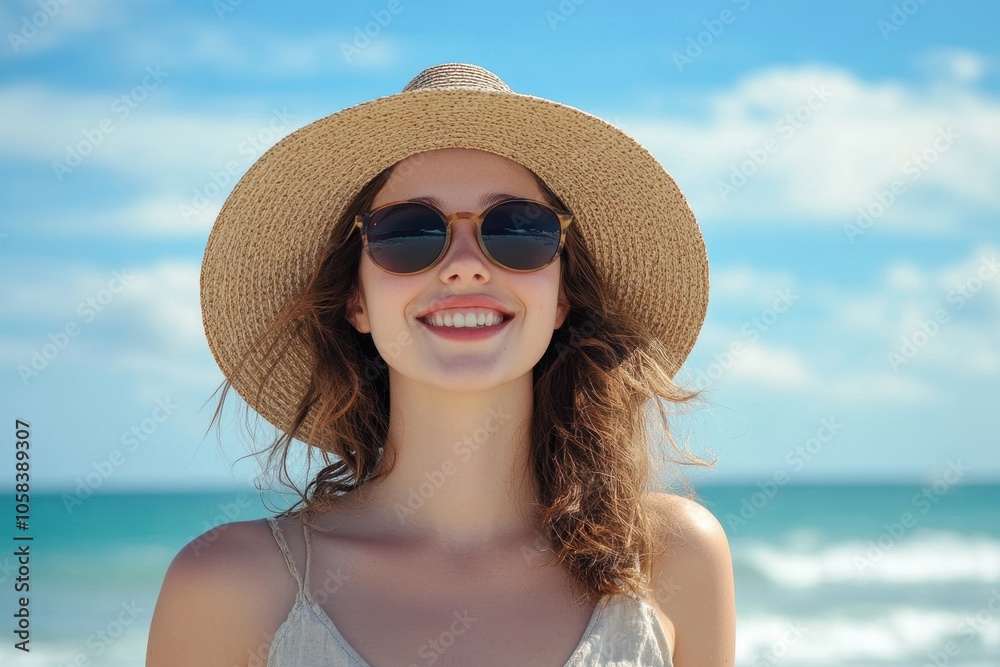 A young woman wearing a wide-brimmed hat and sunglasses smiles happily while standing A young woman wearing a wide-brimmed hat and sunglasses smiles happily while standing
