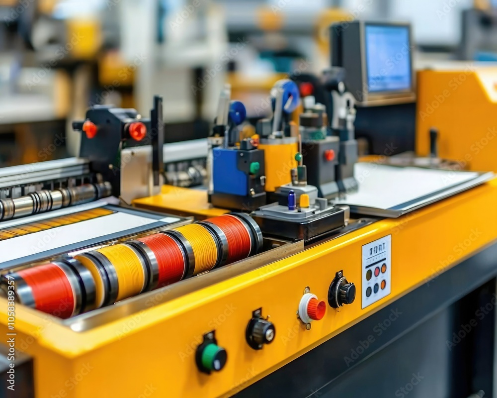 A close-up of a modern industrial machine featuring control panels, colorful rollers, and a digital display, highlighting precision manufacturing technology. A close-up of a modern industrial machine featuring control panels, colorful rollers, and a digital display, highlighting precision manufacturing technology.