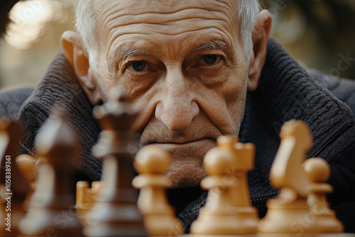 An elderly man playing chess in a park, his face full of concentration and enjoyment photo