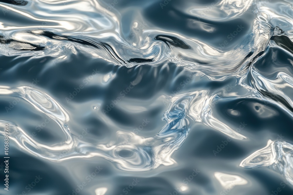 An overhead view of abstract, silvery ripples on the surface of water, with light reflections An overhead view of abstract, silvery ripples on the surface of water, with light reflections
