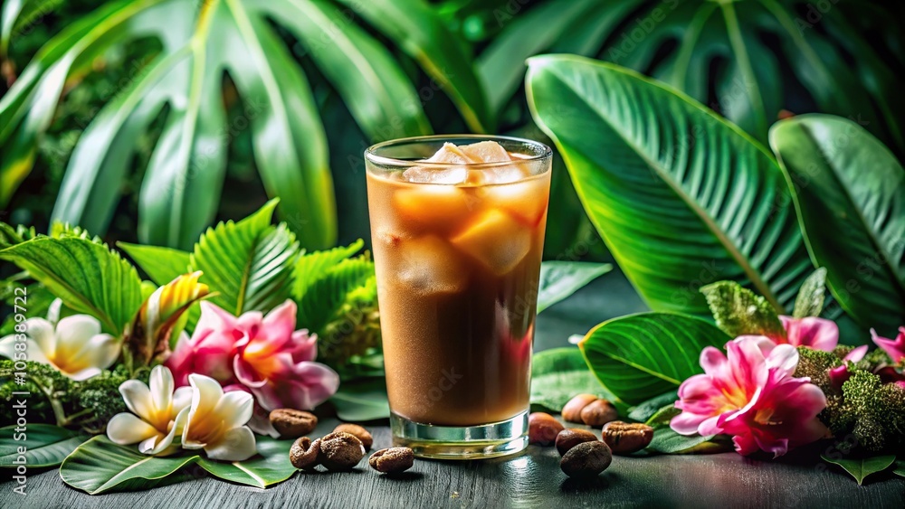 A refreshing glass of iced coffee with ice cubes floating on top surrounded by tropical leaves and flowers in a lush green environment, green, outdoor, summer A refreshing glass of iced coffee with ice cubes floating on top surrounded by tropical leaves and flowers in a lush green environment, green, outdoor, summer