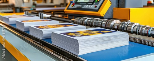 A printing machine displays stacks of colorful printed materials ready for processing in a modern production environment.
