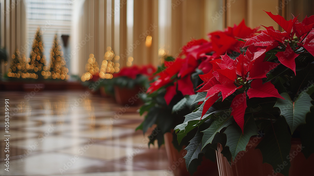 Fototapeta premium A Luxurious Christmas Celebration with Poinsettias in a Grand Hallway