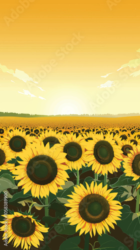 A field of sunflowers against the sky. silhouette illustration