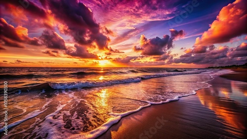 5. A stunning, dark magenta sunset casting a warm glow over a tranquil, wave-lapped beach, a realistic photo image.