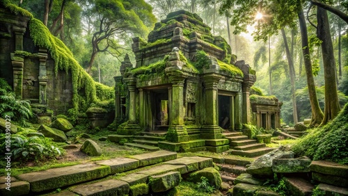 7. An ancient, crumbling stone temple is overgrown with vines and moss, its Celadon Green tiles weathered to perfection, set amidst a lush jungle atmosphere, a realistic photo image.