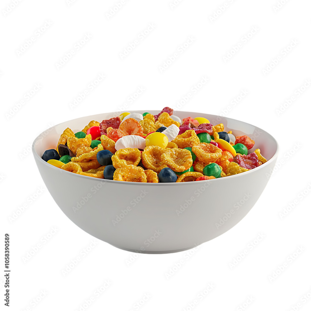 A white bowl filled with a colorful breakfast cereal, candy, and fruit. A white bowl filled with a colorful breakfast cereal, candy, and fruit.