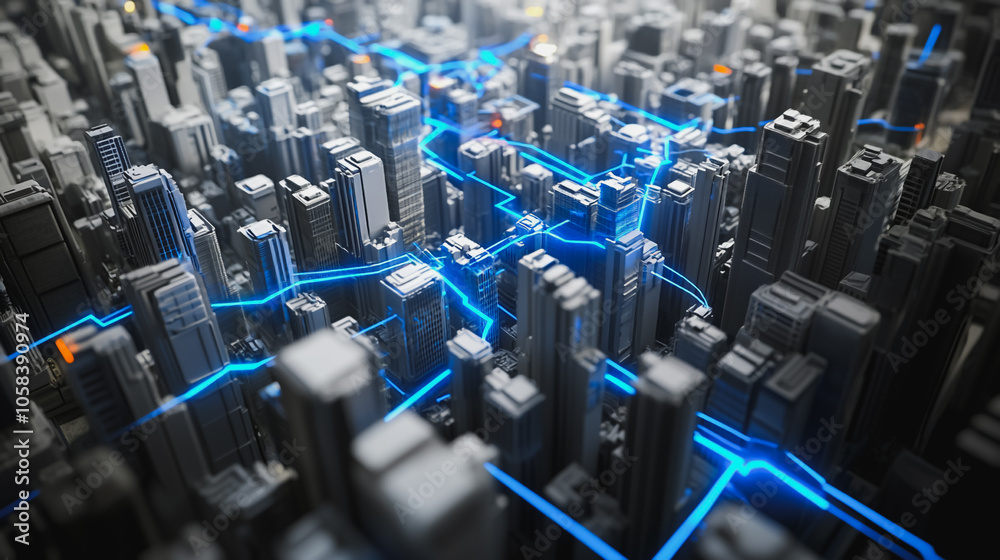 Obraz premium Smart digital Innovation city with connection network reciprocity over the cityscape. of future smart wireless digital city and social media networking systems that connects people with in city 