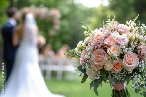 A beautiful wedding bouquet in the foreground, with a bride and groom