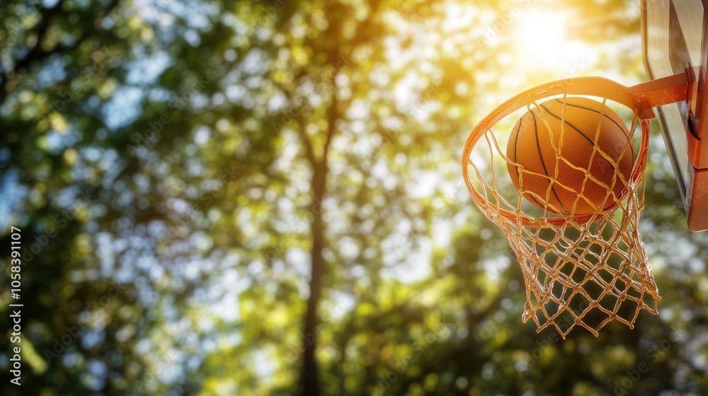 Basketball Hoop with Ball in Natural Setting Basketball Hoop with Ball in Natural Setting